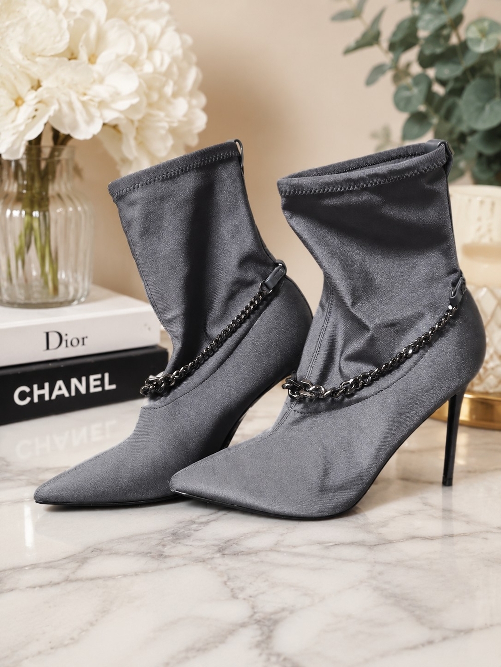 Guess NWOT Gray Satin Pointed-Toe Chain Ankle Boots